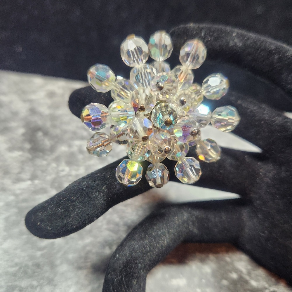 Vintage Aurora Borealis Crystal Bead Snowflake Brooch Silver Tone‎ Iridescent